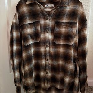Hollister Men's Black and Brown Plaid Shirt